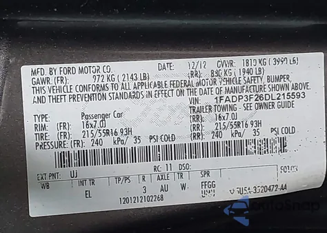 2013 Ford Focus Se из США, поврежденный, VIN 1FADP3F26DL215593